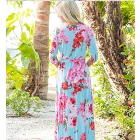 Pink Lily Womens Floral Wrap Maxi Dress With 3/4 Sleeves & Tie Waist - Picture 2 of 8